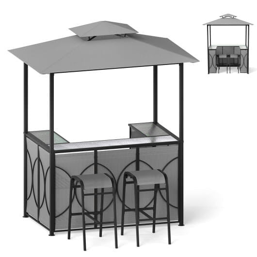 6.5 x 4 x 8 FT Grill Gazebo Set with 2 Bar Stools and Bar Table-Brown