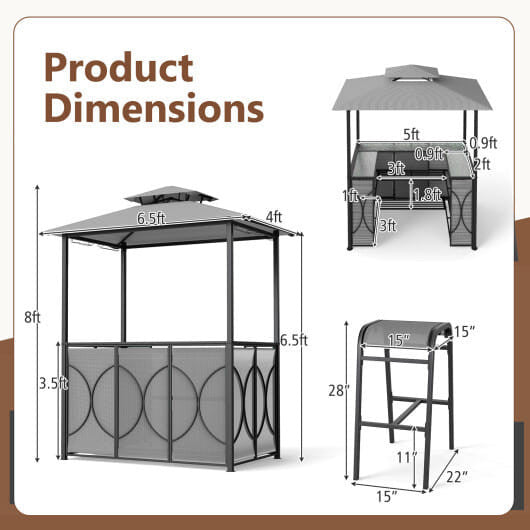 6.5 x 4 x 8 FT Grill Gazebo Set with 2 Bar Stools and Bar Table-Brown